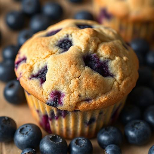 A blueberry muffin with a domed top, dotted with fresh blueberries