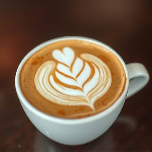 A close-up of a latte with intricate latte art in a white cup