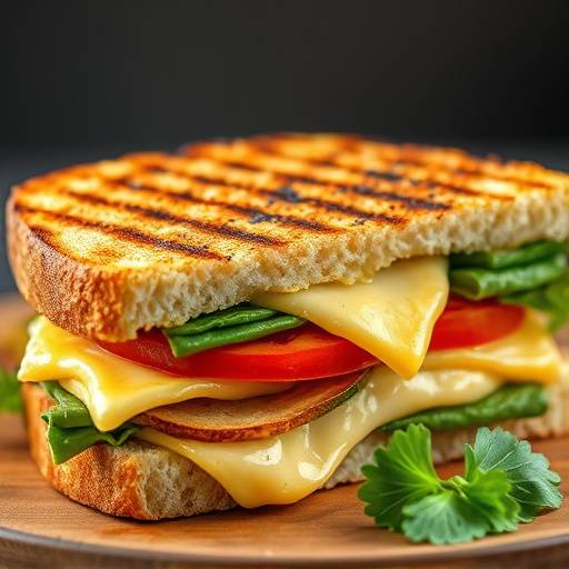 A delicious looking grilled sandwich with melted cheese and fresh vegetables