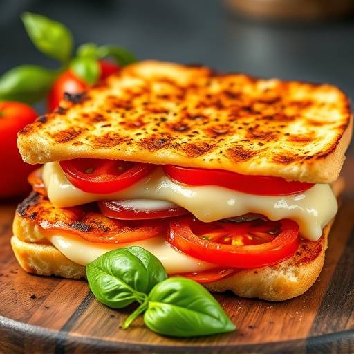 A grilled panini with melted cheese, sliced tomatoes, and fresh basil