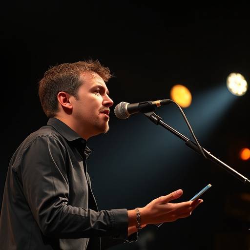 A poet reciting on a microphone at a poetry slam event