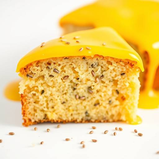 A slice of lemon poppy seed cake with a bright yellow glaze and poppy seeds