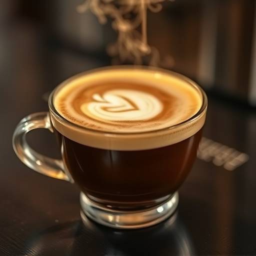 A steaming cup of dark roast coffee with latte art