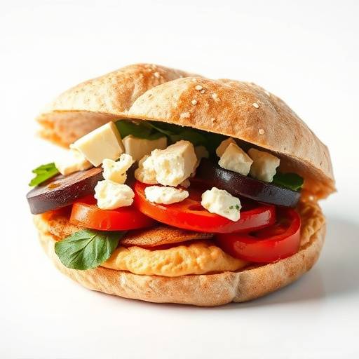 A vegetarian sandwich with hummus, roasted vegetables, and feta cheese on pita bread